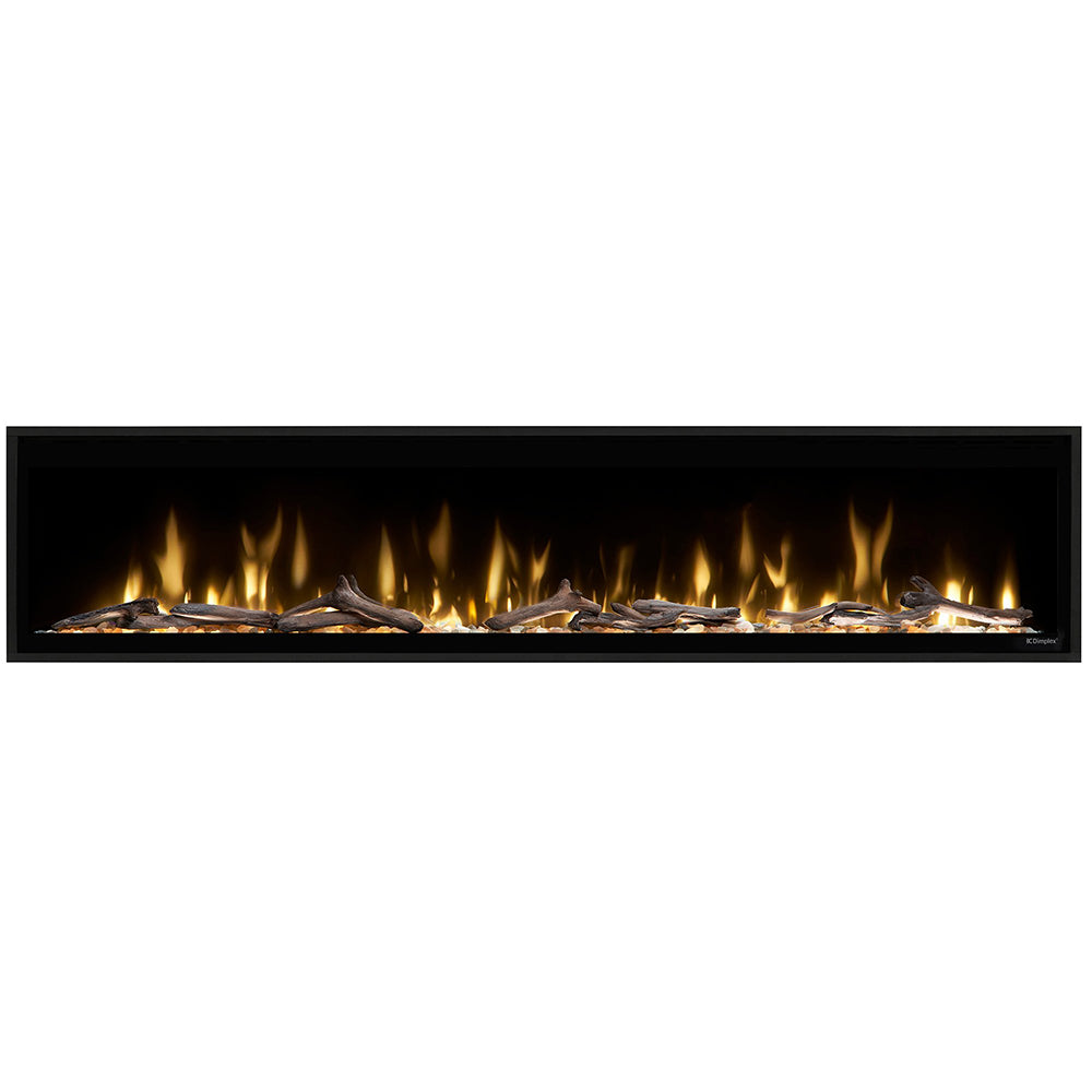 Built-in linear electric fireplace with black frame and realistic flame effect