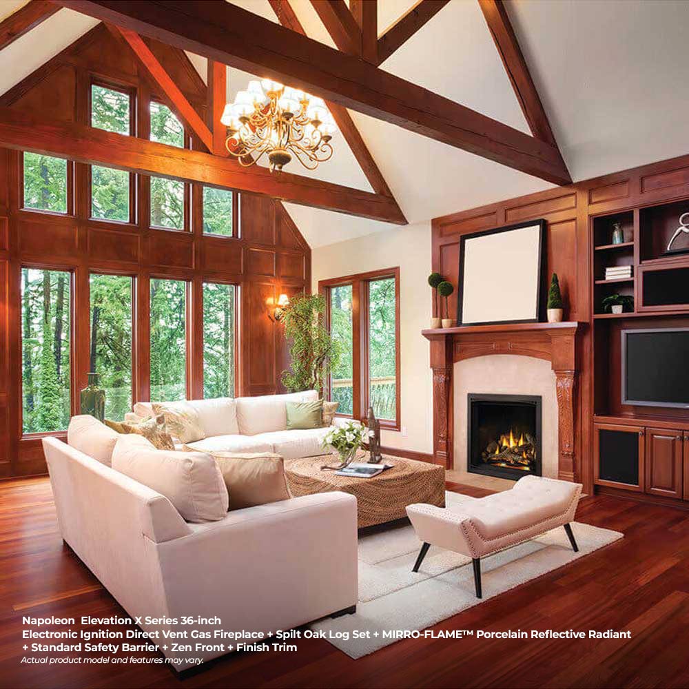 36-inch direct vent gas fireplace with black front and burning logs in living room