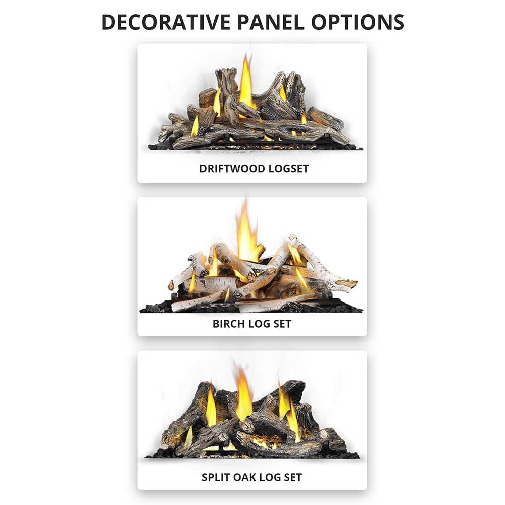 36-inch direct vent gas fireplace log set display with three burning log styles
