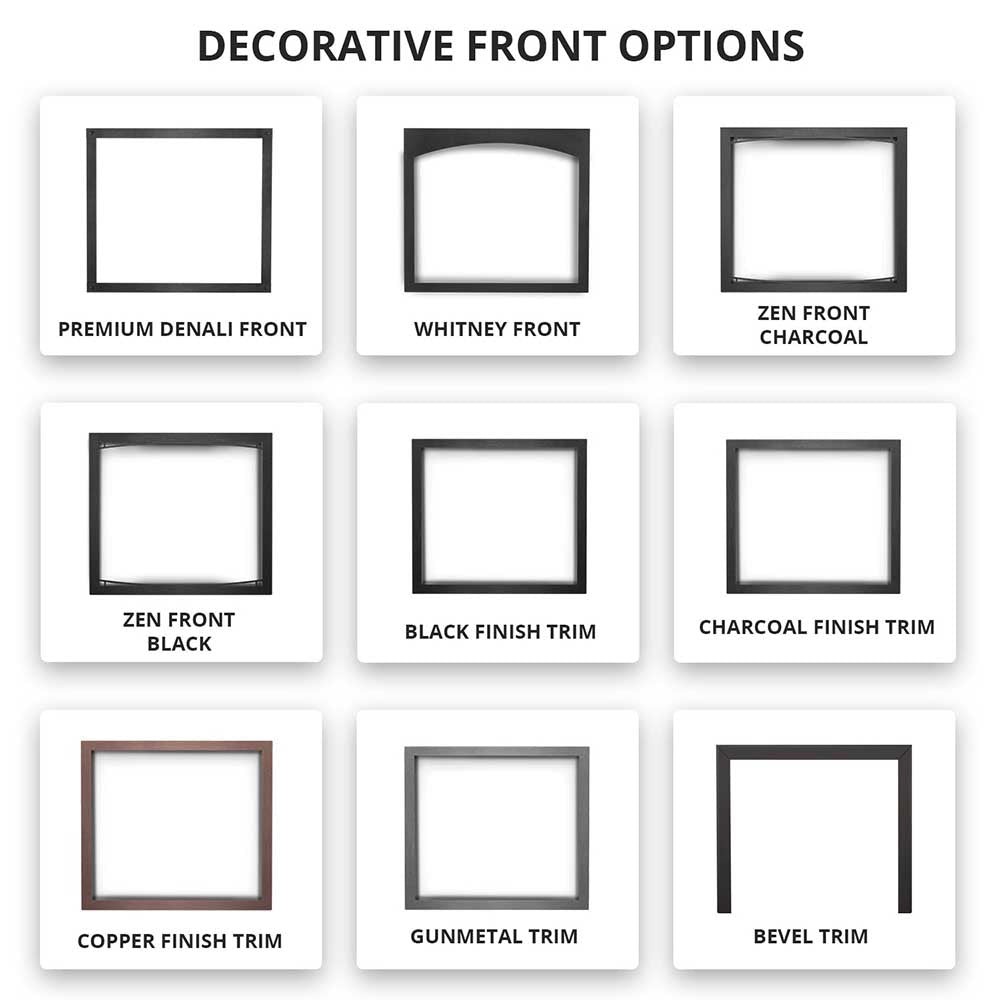 Gas fireplace front trim options with black and charcoal frame styles