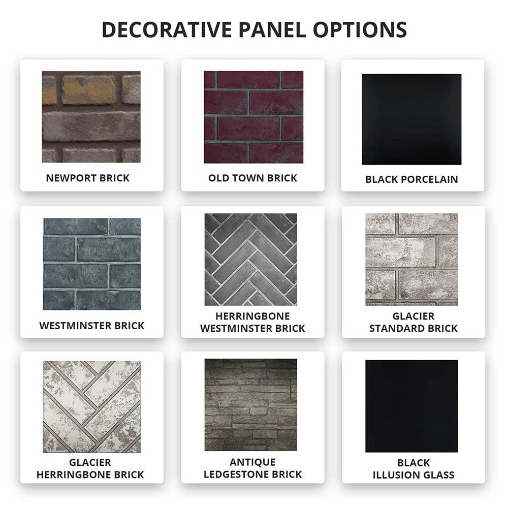 Decorative brick panel finish options for gas fireplace surround, six tile patterns