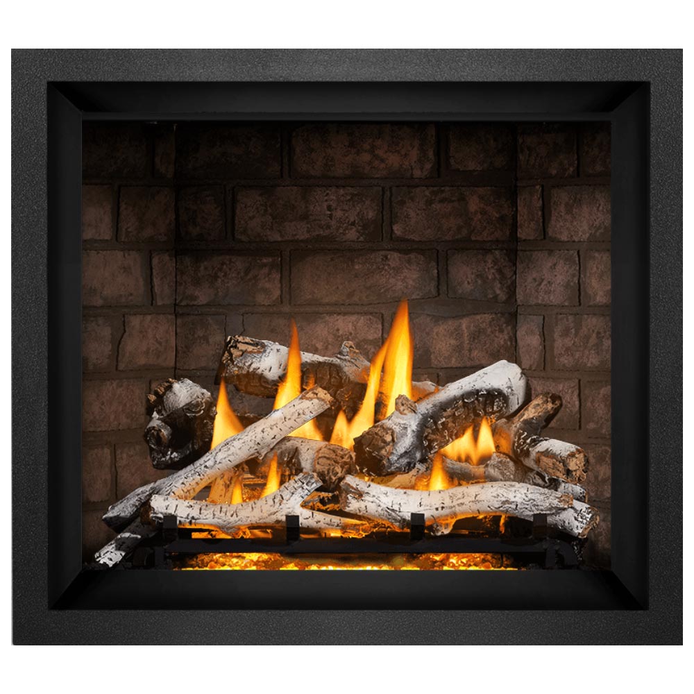 Black direct vent gas fireplace with glowing fire and split oak style log set