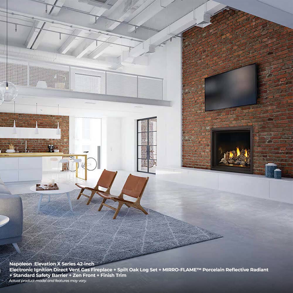 Black direct vent gas fireplace insert with visible flames and log set in brick niche