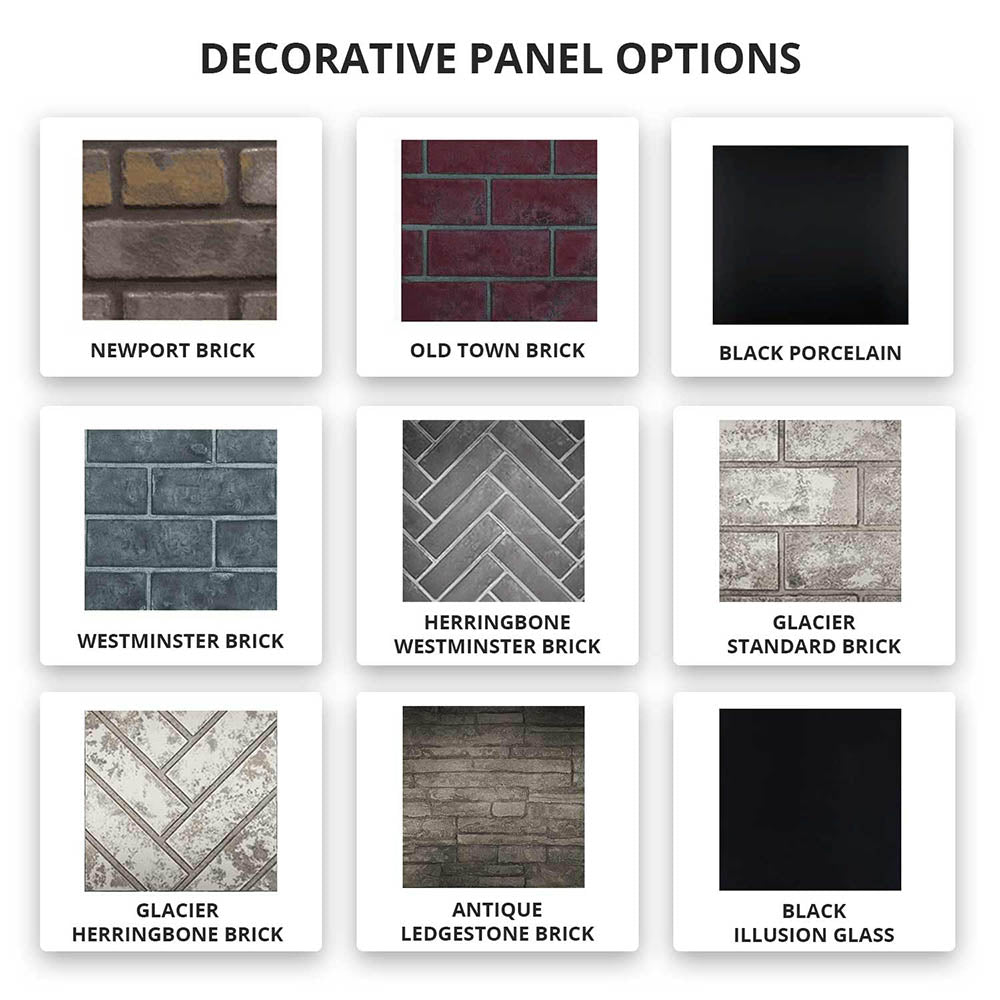 Decorative panel material swatches for a direct vent gas fireplace, multiple finishes