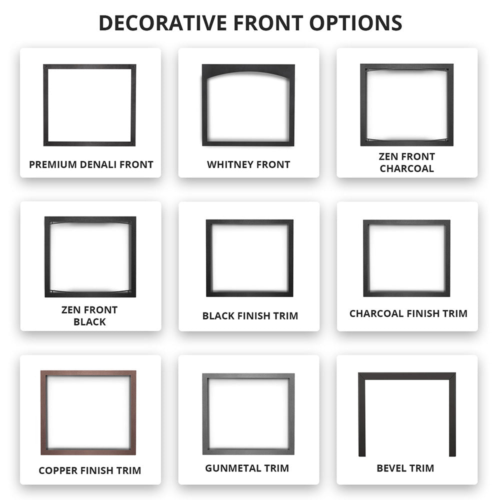 Decorative front option frames for a direct vent gas fireplace, multiple styles shown