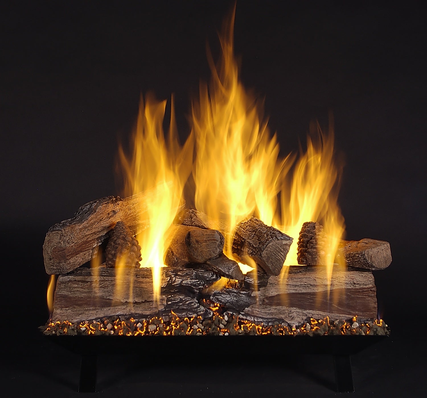 Fireplace log set with burning flames and dark brown logs arranged in a firebox