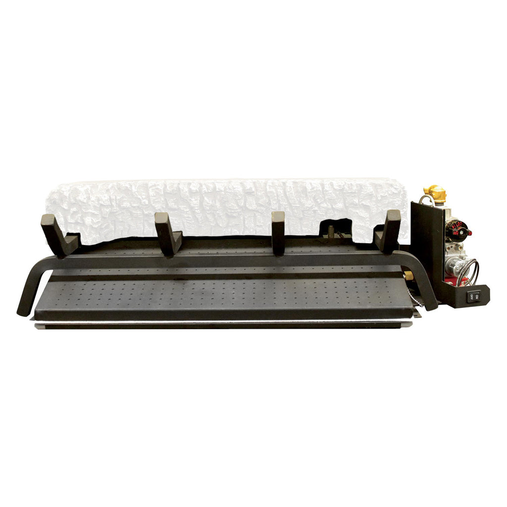 Vented gas burner with radiant tray, black metal frame and control valve