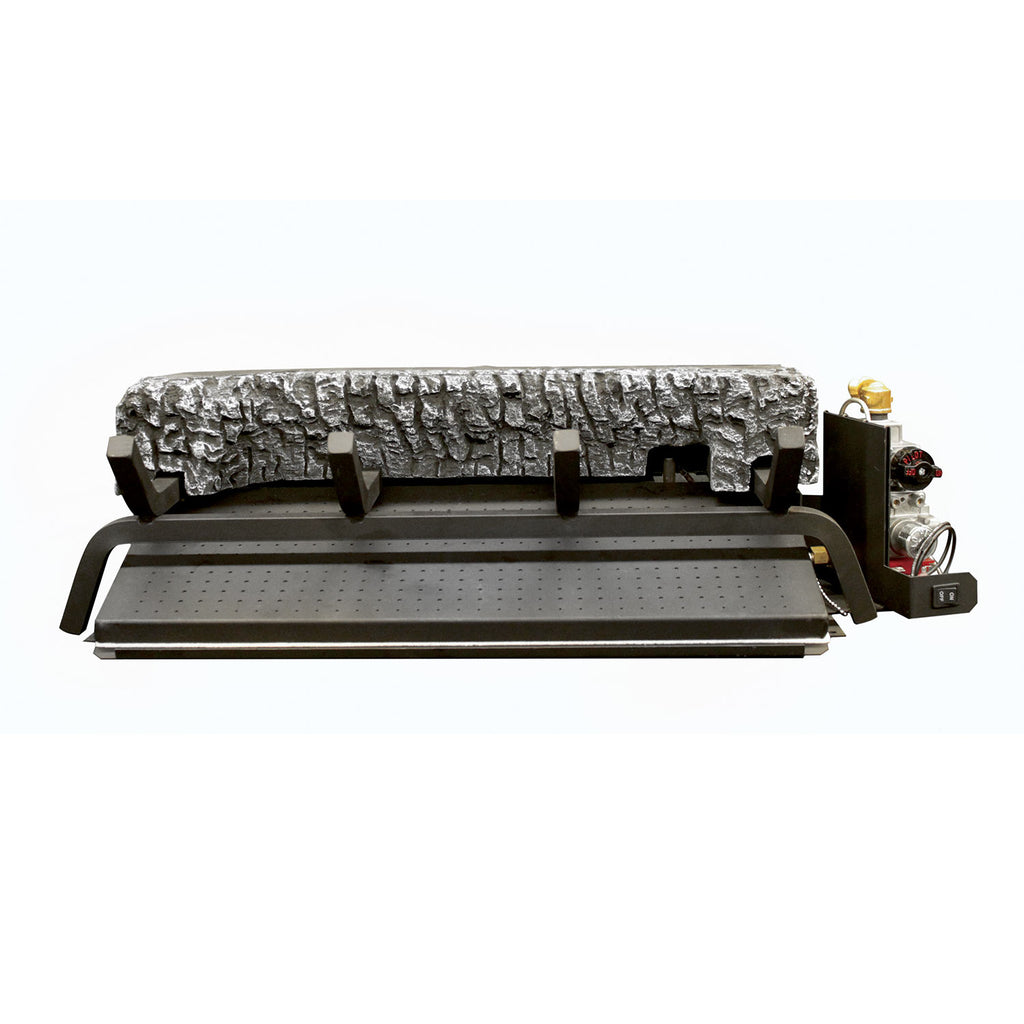 Stone-textured gas log burner with black metal frame and control box