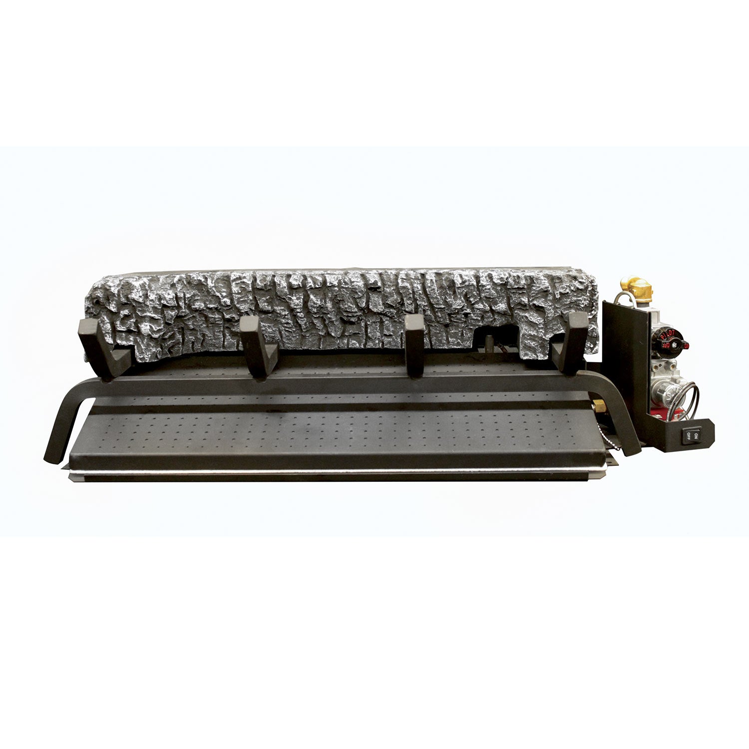 Stone-textured gas log burner with black metal frame and control box