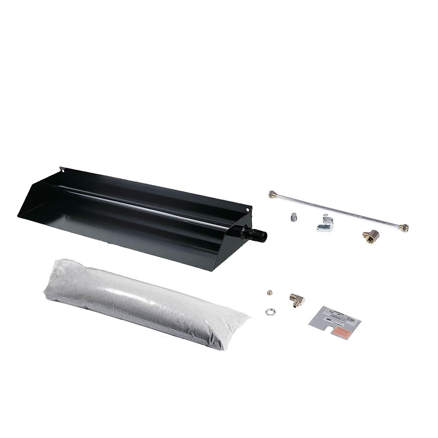 Vented fireplace burner kit with black burner box, wrapped insulation, and mounting hardware.