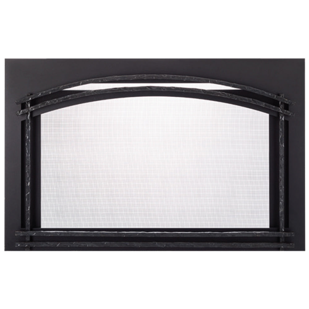 Black forged arched fireplace screen front with mesh panel and scrollwork frame