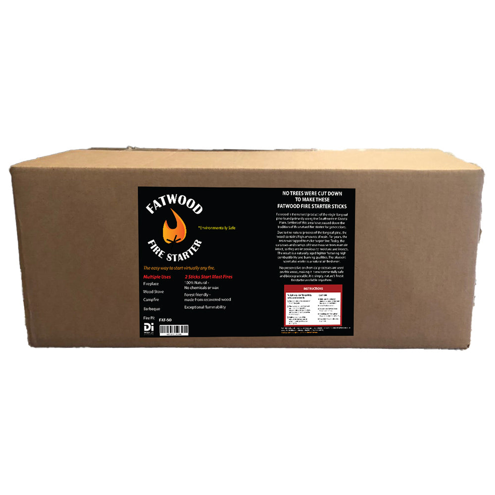 Firestarter in a box carton with Fatwood label, rectangular cardboard package