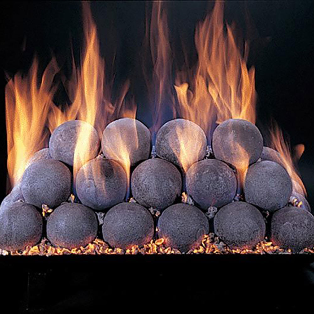 Flame-lit fireballs gas burner tray with glowing embers and fire flames