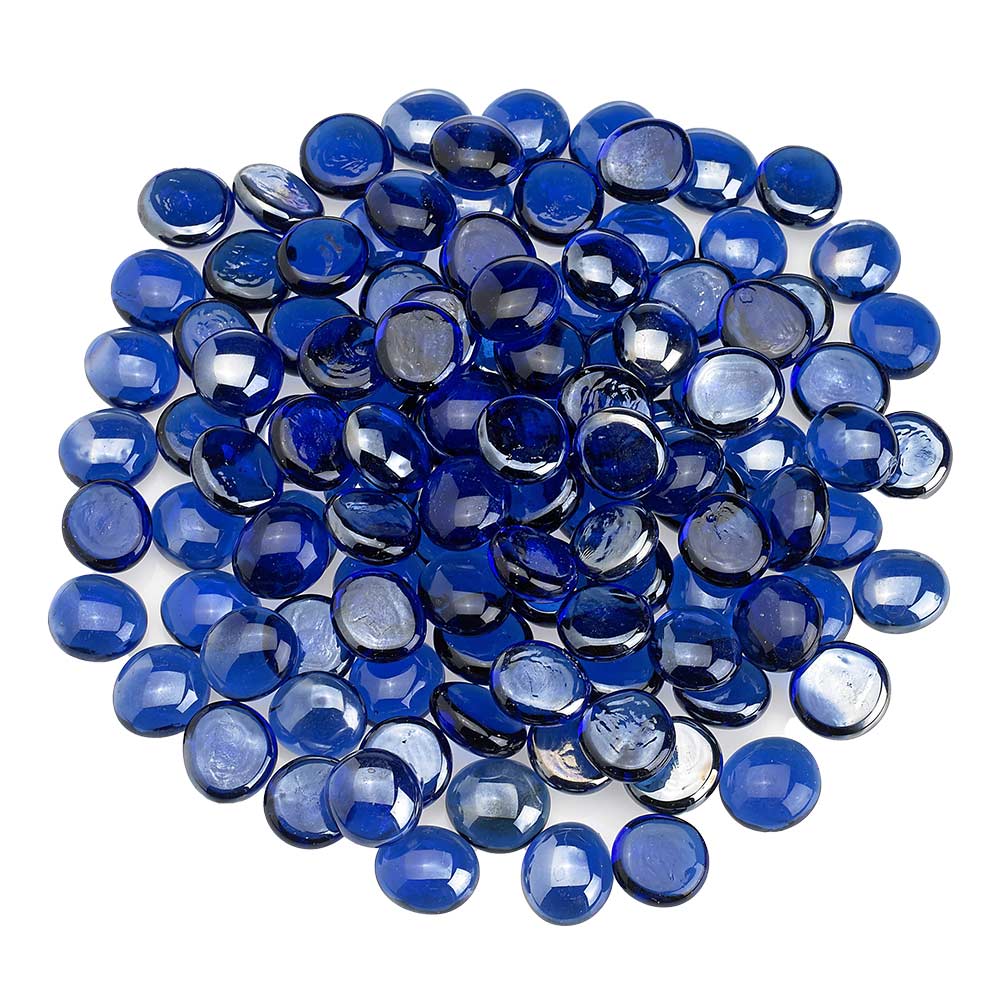 Round royal blue glass fire beads with glossy reflective luster, about 1/2 inch size