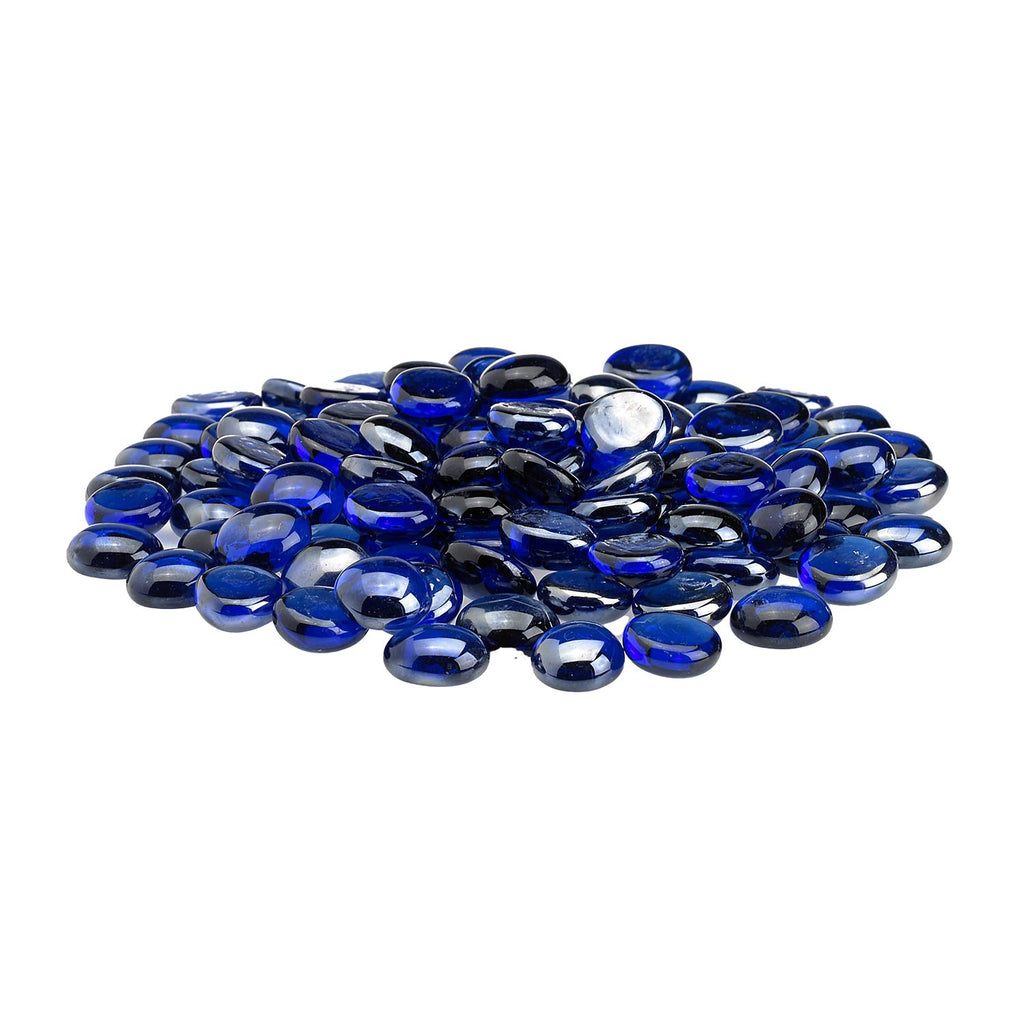 Pile of round blue glass fire beads with glossy, reflective surface