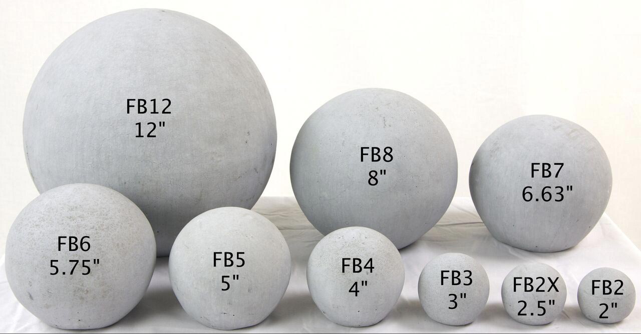 Light gray smooth fireball burner balls set with labeled diameters