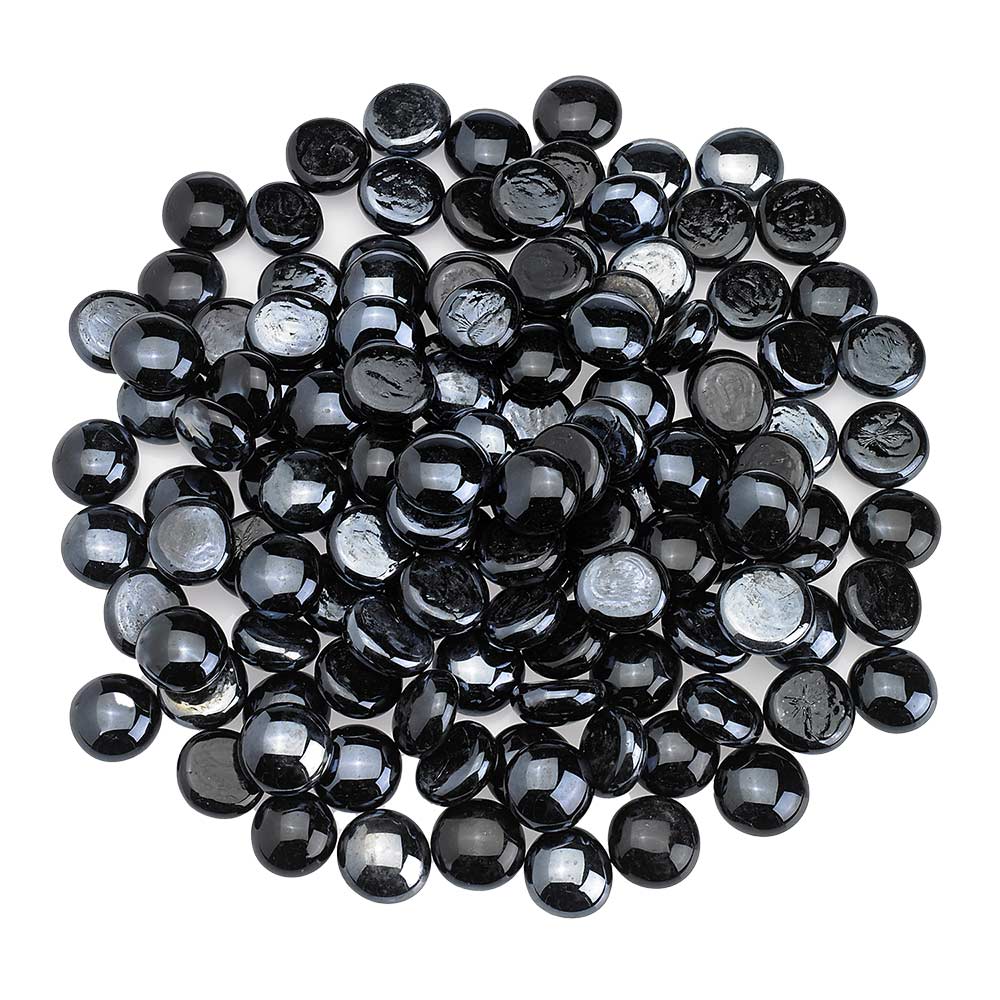 Fire glass beads, dark glossy round beads with silvery highlights, twilight luster
