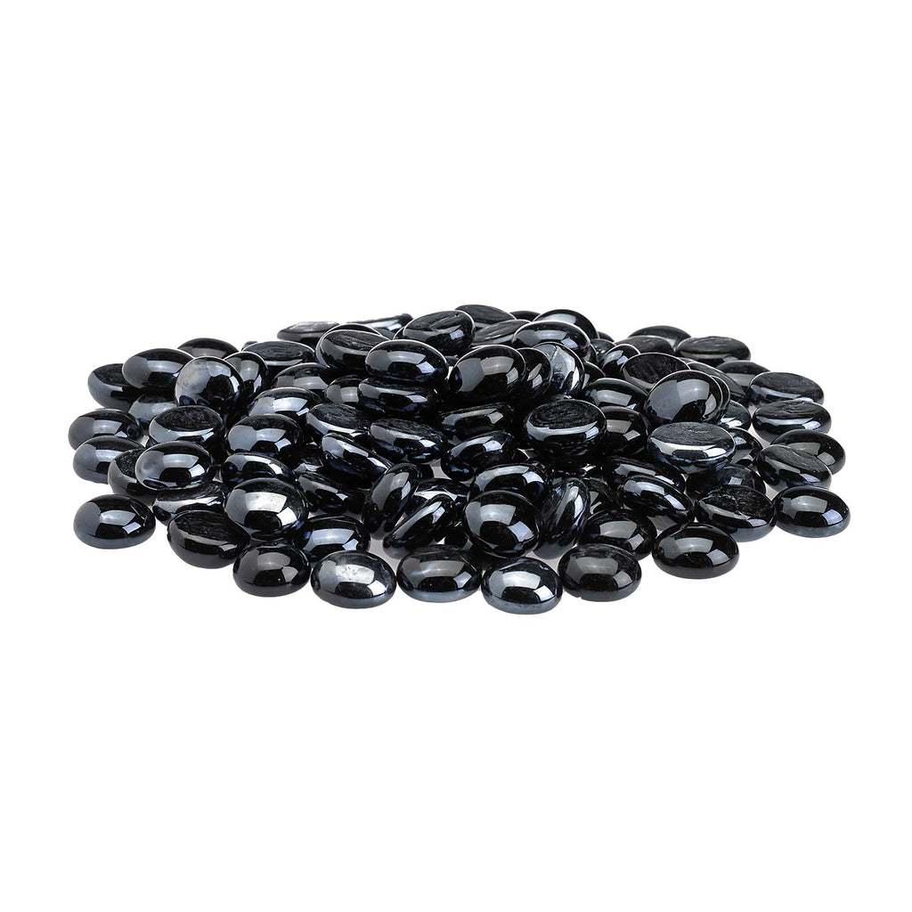 Fire glass beads, dark glossy round beads in a loose pile with silver reflections