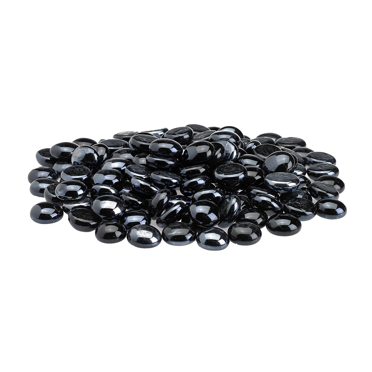 Fire glass beads, dark glossy round beads in a loose pile with silver reflections