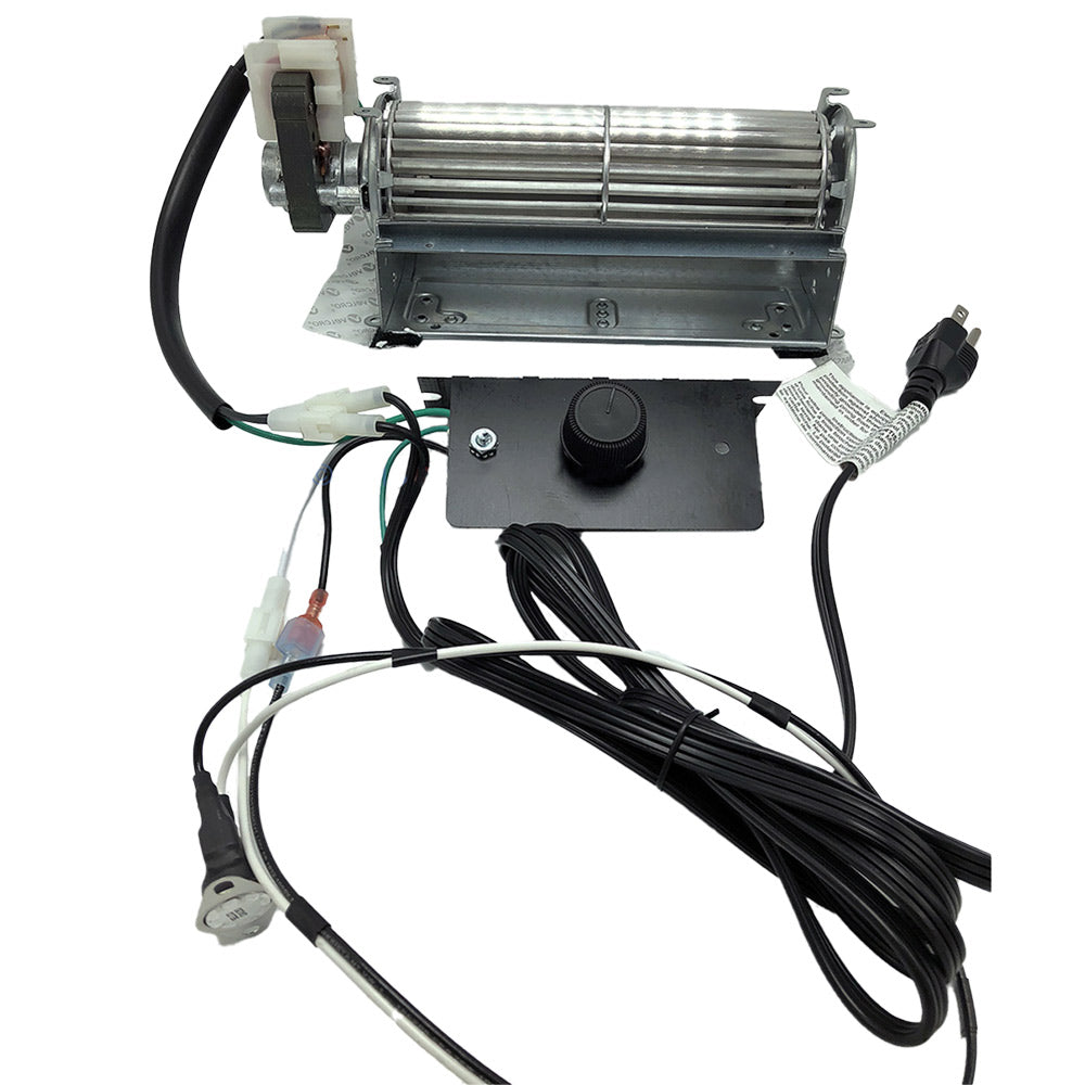 Fireplace blower kit with metal fan housing, control box, and attached wiring harness