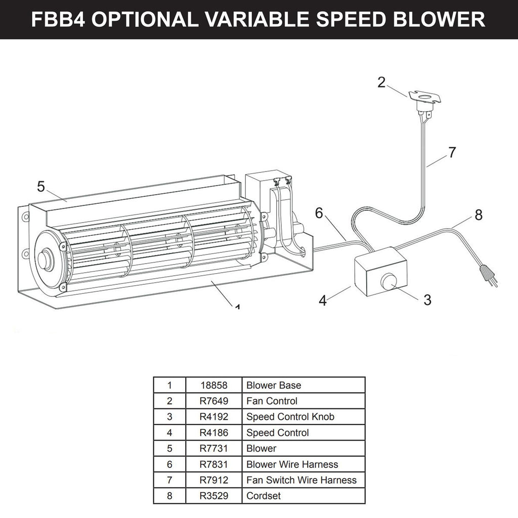 Fireplace blower assembly with variable speed control components diagram