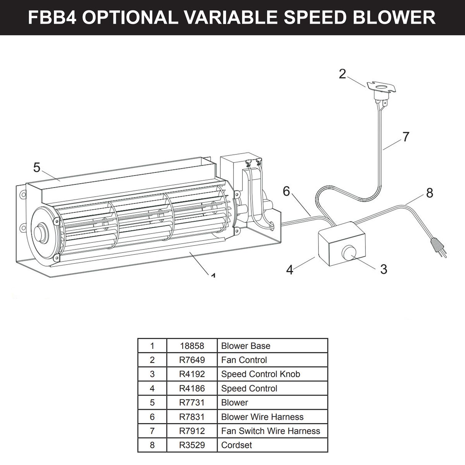 Fireplace blower assembly with variable speed control components diagram