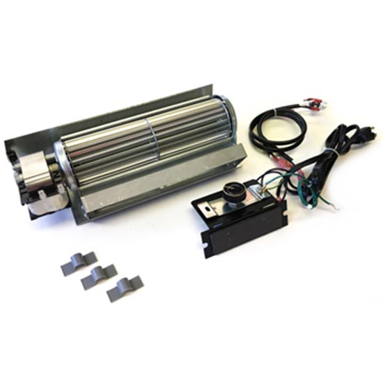 Variable fireplace blower kit with metal cylinder, power wires, and mounting bracket
