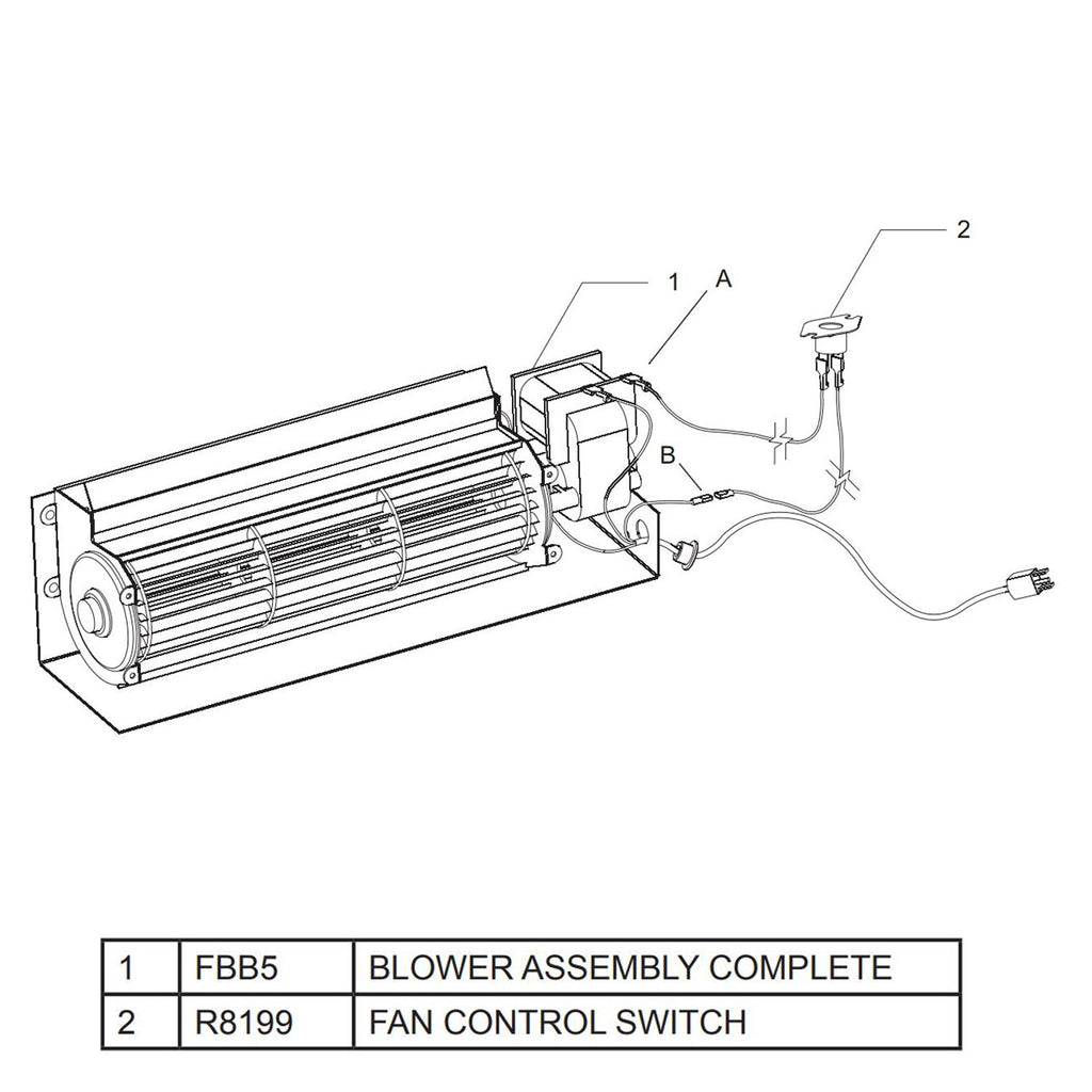 Fireplace blower fan control switch assembly with labeled wiring terminals