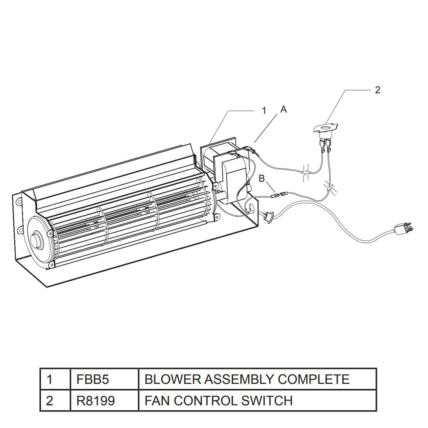Fireplace blower fan control switch assembly with labeled wiring terminals