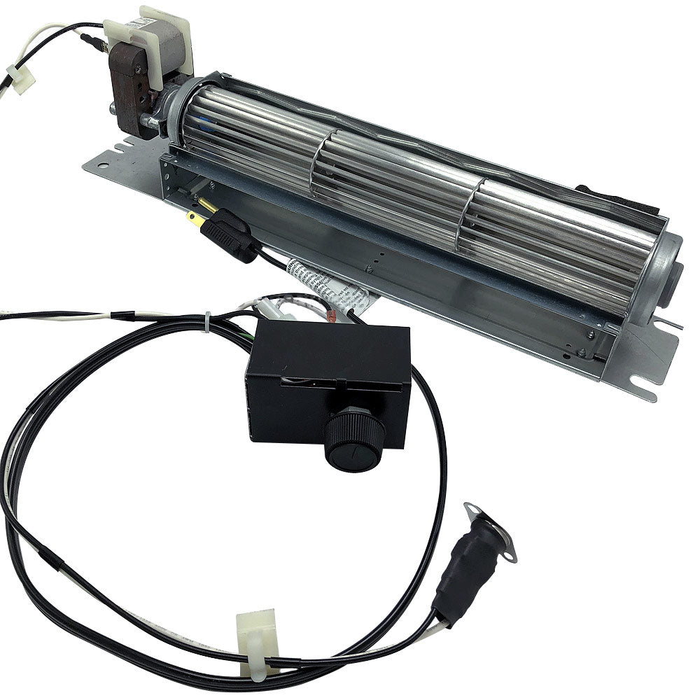 Fireplace blower motor assembly with variable speed control box and wiring harness