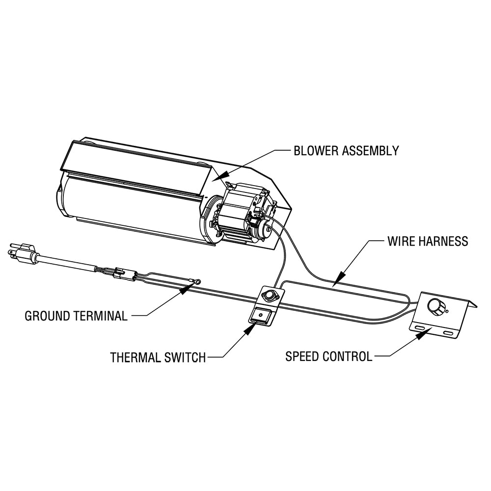 Blower kit showing blower assembly, wire harness, ground terminal, thermal switch, and speed control.