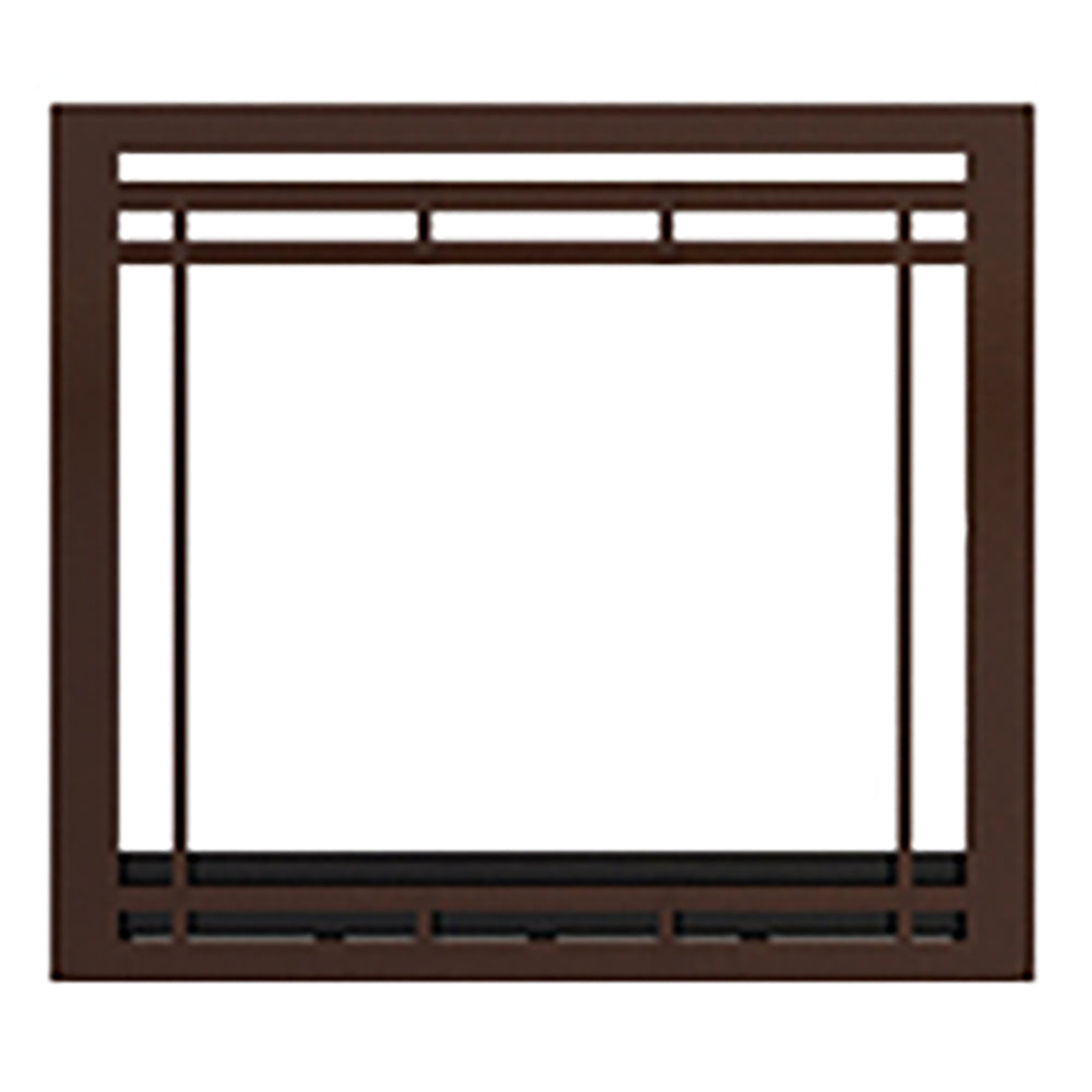Chestnut brown front facade panel with horizontal grille bars and open firebox frame