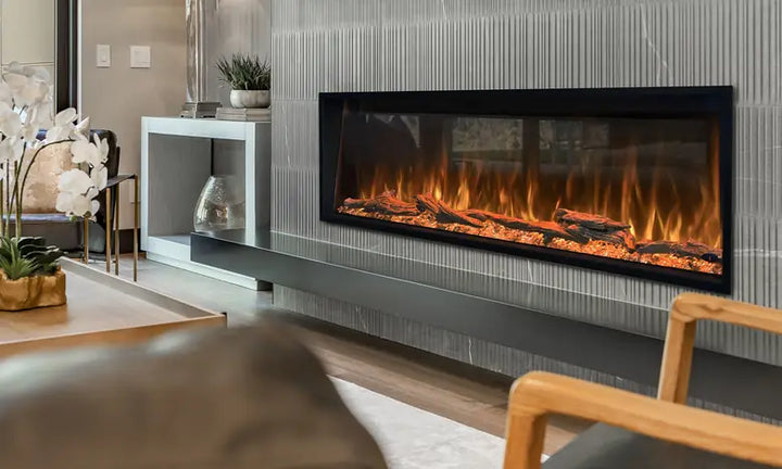 Sleek built-in electric fireplace in a modern living room with contemporary decor