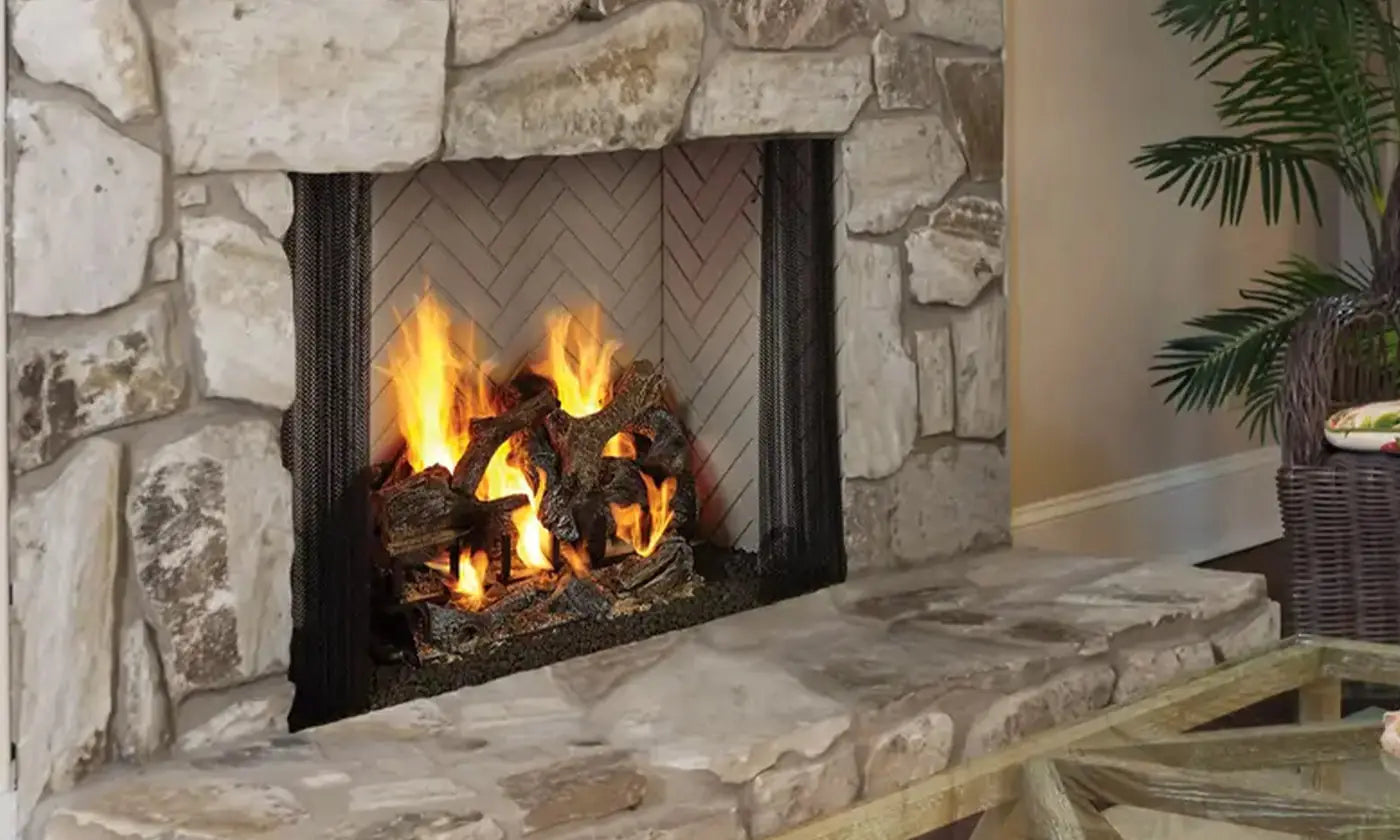 Traditional wood-burning fireplace with arched stonework and crackling fire