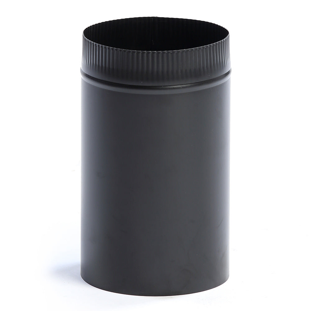 Black rigid chimney stove pipe, 7-inch diameter, 12-inch length with rolled rim