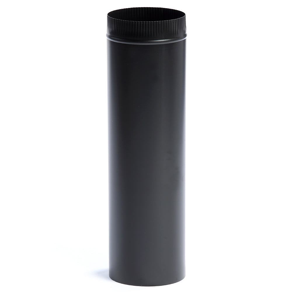 Black rigid chimney stove pipe, 7-inch diameter, 36-inch length.