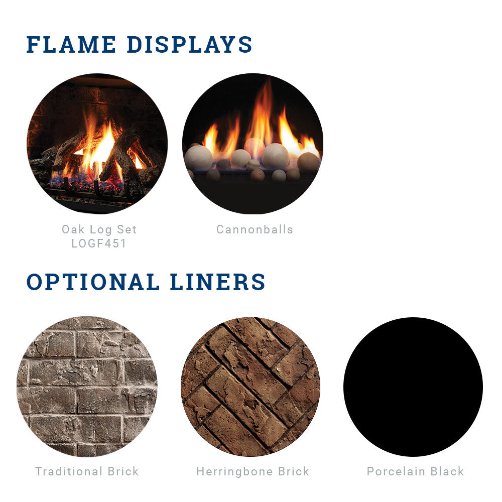Gas stove flame and liner option thumbnails: log set, cannonballs, brick, porcelain back