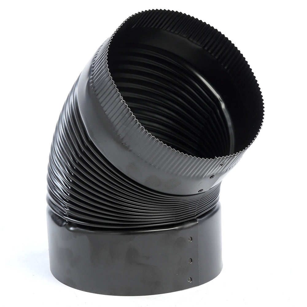 Kingsman black rigid chimney elbow, 45-degree metal flue with ribbed duct ends