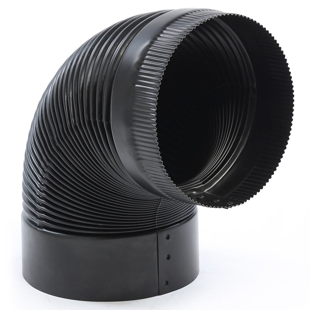 Kingsman black rigid chimney 90-degree elbow, ribbed flue with wide inlet