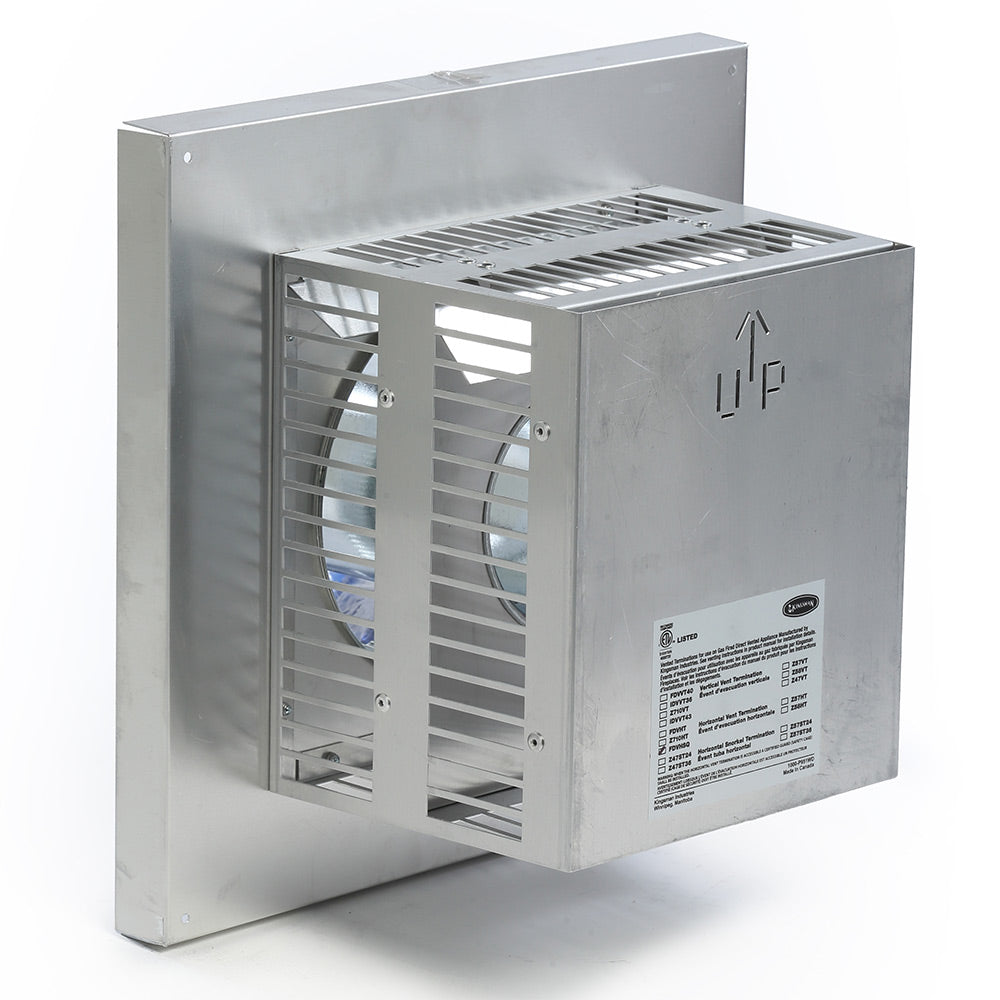 Square vent termination with louvered grille and metal housing, horizontal duct opening