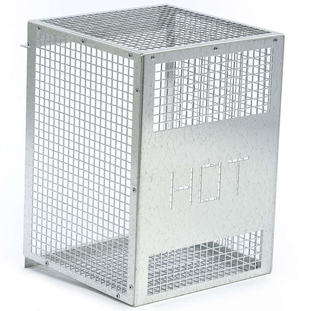 Metal wire safety cage with mesh panels and access opening, rectangular frame