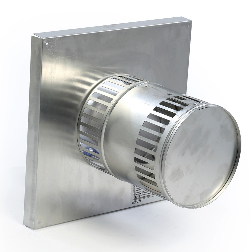 Kingsman round vent termination with square flange and round duct collar, silver metal