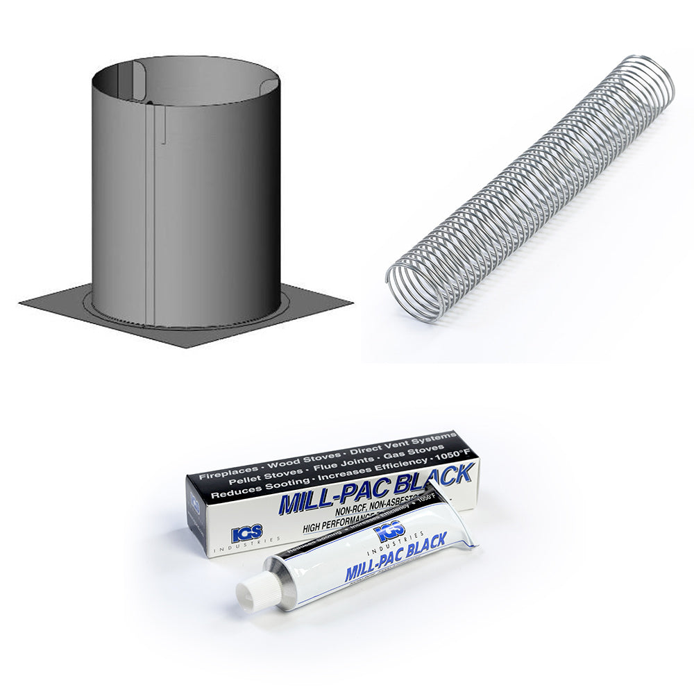 Direct vent vertical starter kit with black metal vent pipe, flexible liner, and sealant tube