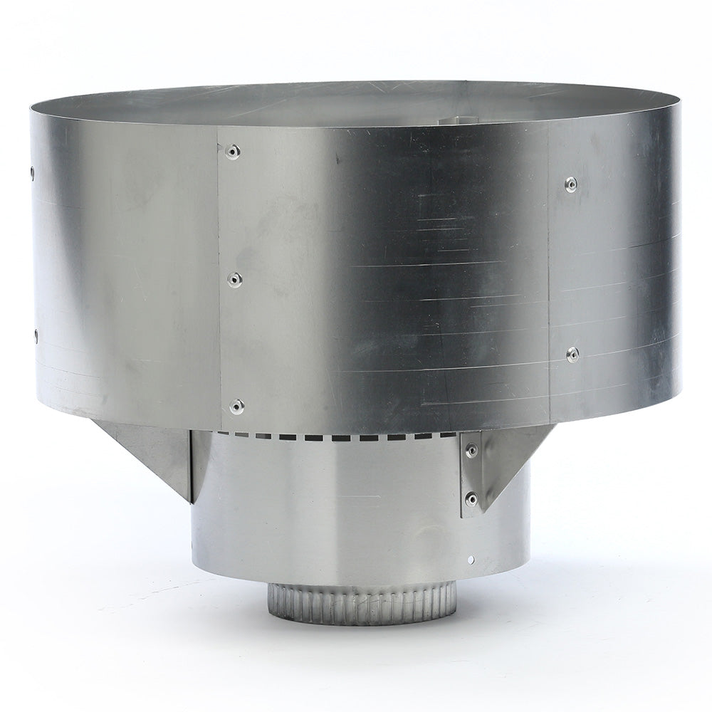 Round metal chimney vent termination with flared base and screw holes, silver finish