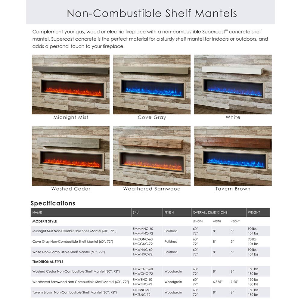 Non-combustible shelf mantel panel showing several finish options and flame colors