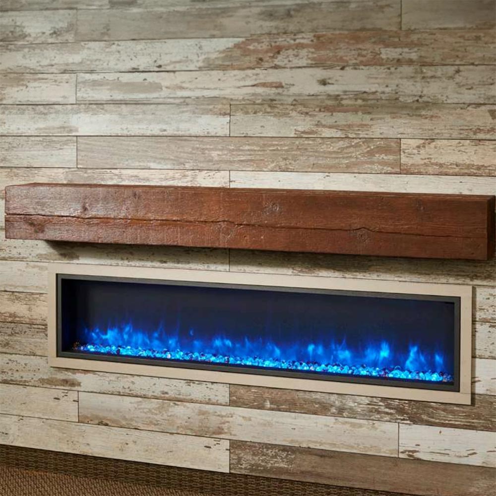 Tavern brown mantel shelf mounted above an electric fireplace with blue flames