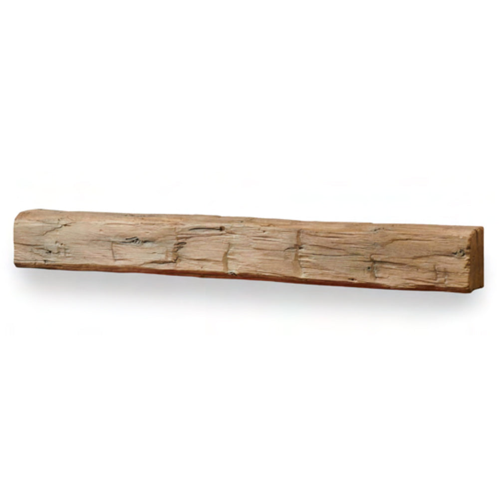 Weathered barnwood mantel shelf with rough wood grain, rectangular profile
