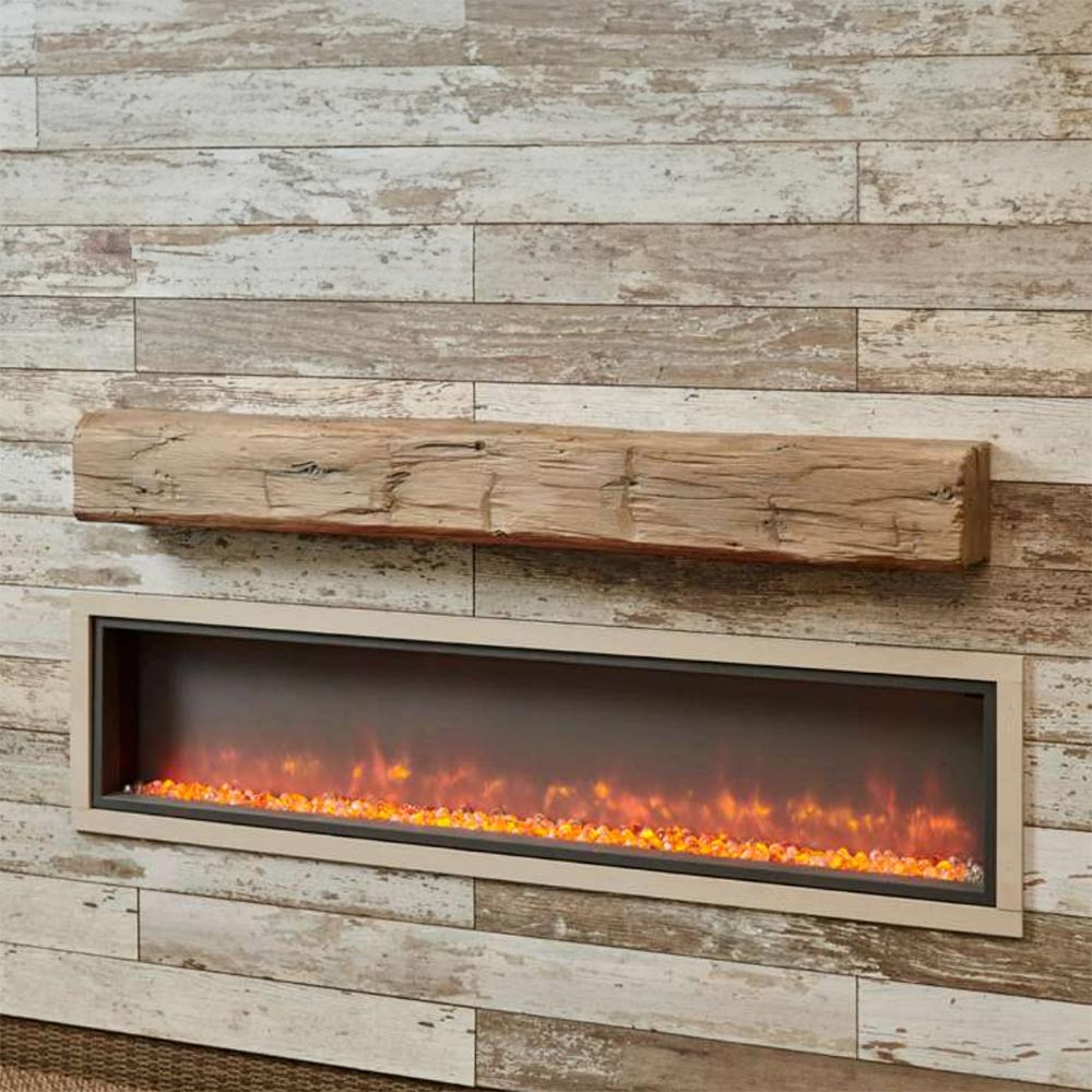 Weathered barnwood mantel shelf above electric fireplace insert, rustic plank design