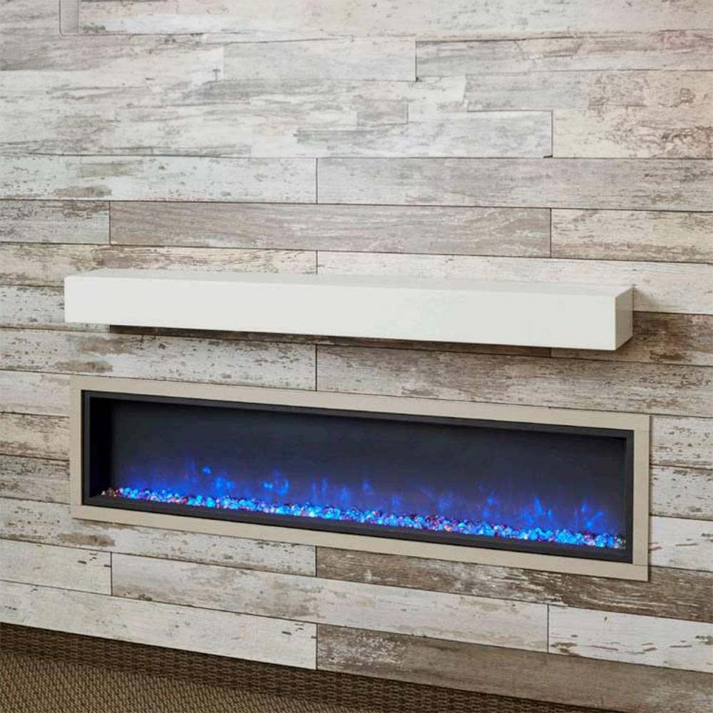 White mantel shelf with built-in fireplace insert, rectangular opening