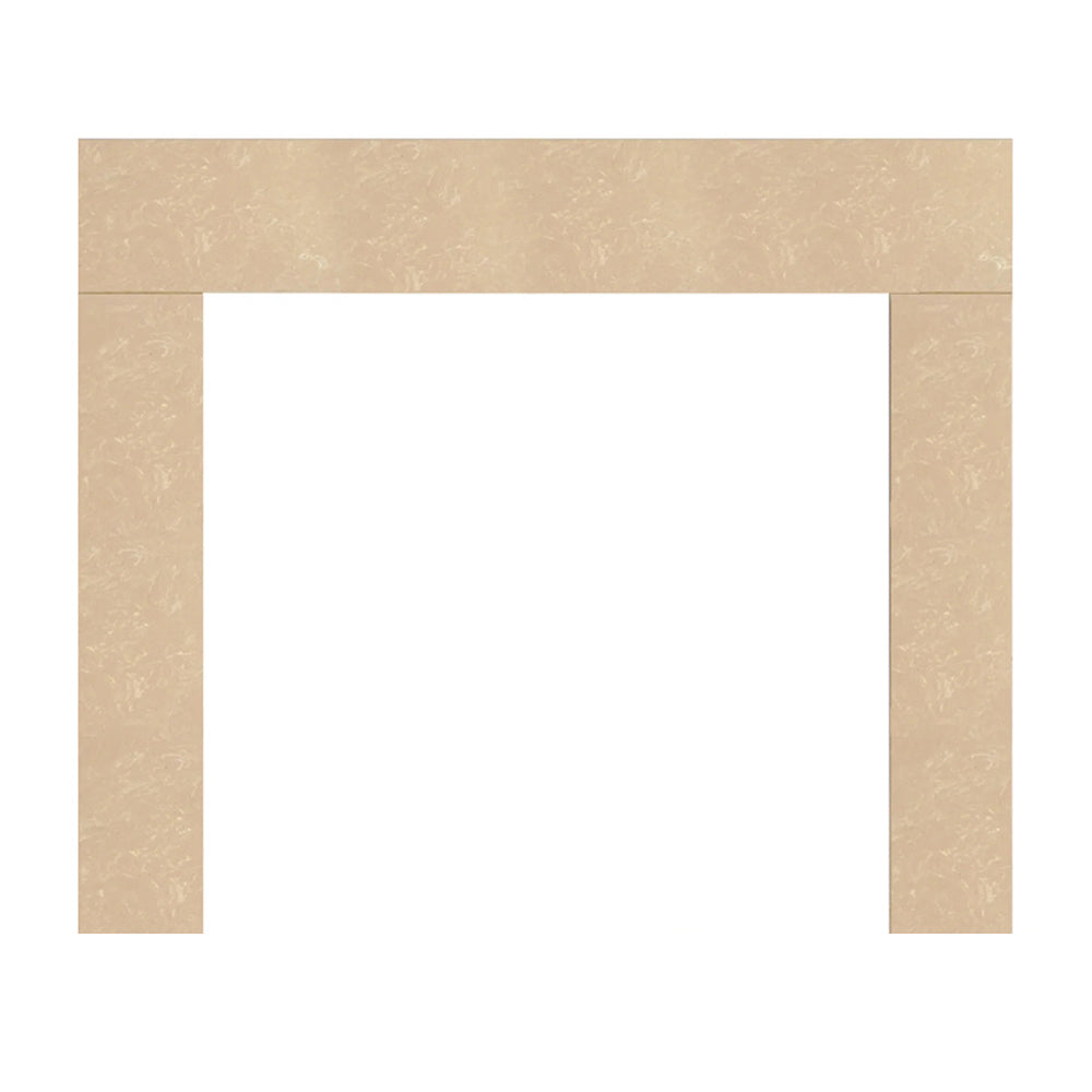 Beige stone fireplace surround with two vertical side panels and top trim